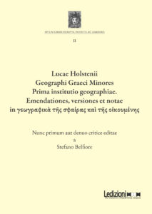 Copertina del libro Lucae Holstenii Geographi Graeci Minores Prima institutio geographiae. Emendationes, versiones et notae in γεωγραφικὰ τῆς σφαίρας καὶ τῆς οἰκουμένης